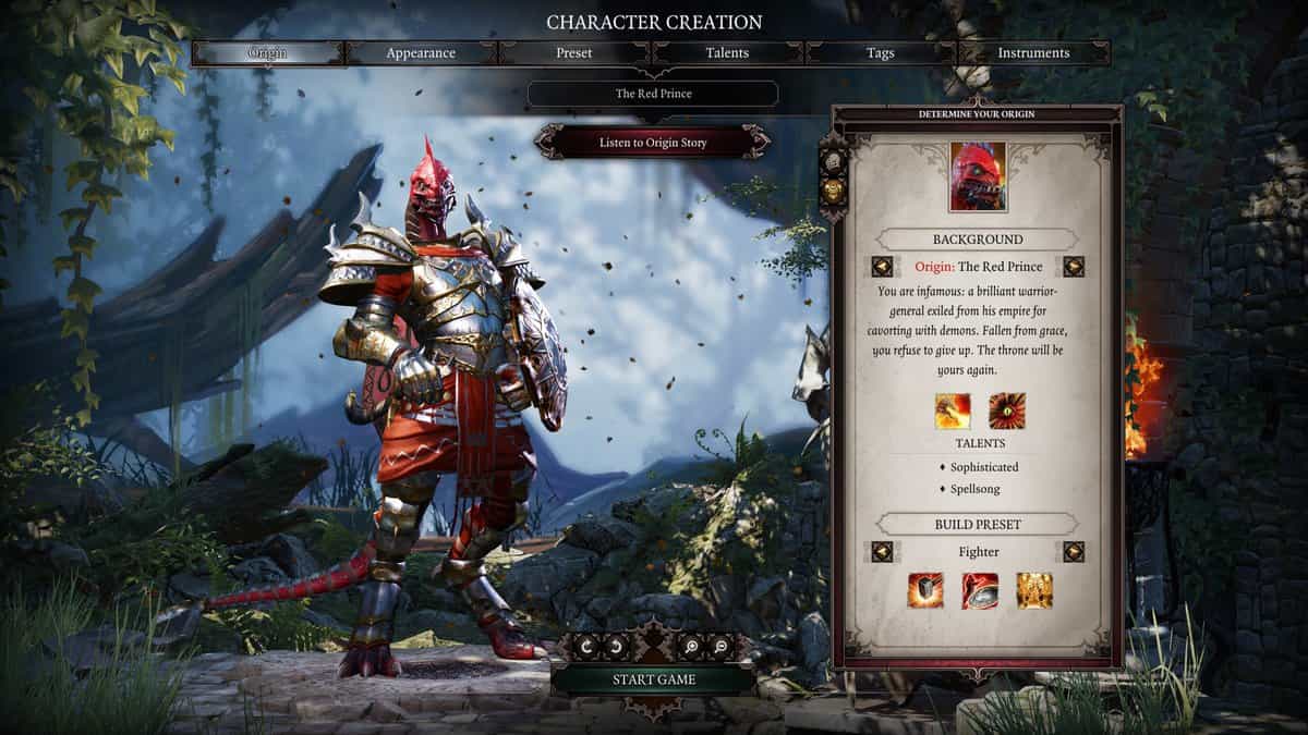 Écran de création de personnage montrant le Prince Rouge, guerrier lézard en armure, et son histoire d'origine
