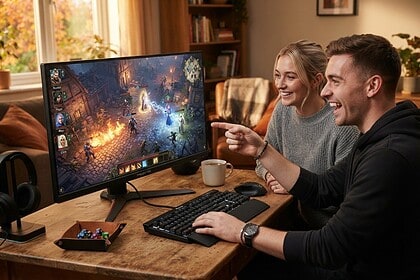 Deux amis rient devant un écran de PC montrant un combat de jeu de rôle vu de dessus, avec sorts de feu et d'éclair