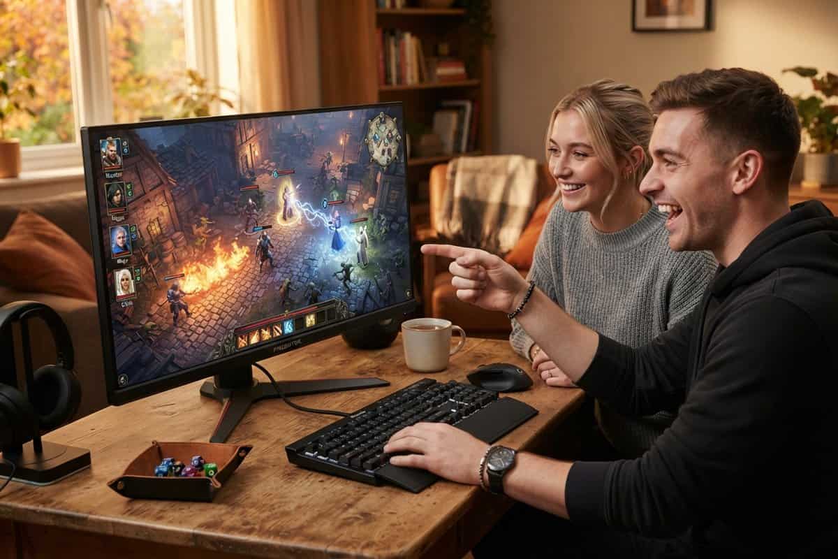 Deux amis rient devant un écran de PC montrant un combat de jeu de rôle vu de dessus, avec sorts de feu et d'éclair