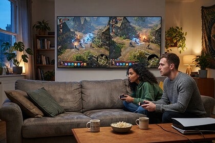 Deux amis sur un canapé jouent en écran partagé à un jeu de rôle fantasy sur une grande télévision murale