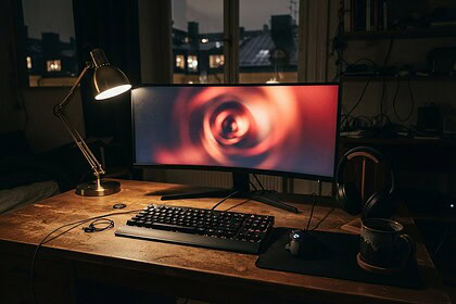 Bureau de joueur la nuit, écran incurvé affichant un halo rouge flou, clavier mécanique et casque