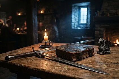 Une épée médiévale, un grimoire relié en cuir et une figurine de dragon en pierre posés sur une table de taverne