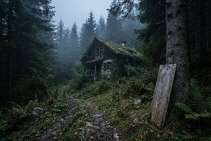 Chalet en bois abandonné et envahi de lierre au bout d'un sentier, dans une forêt de sapins noyée de brume