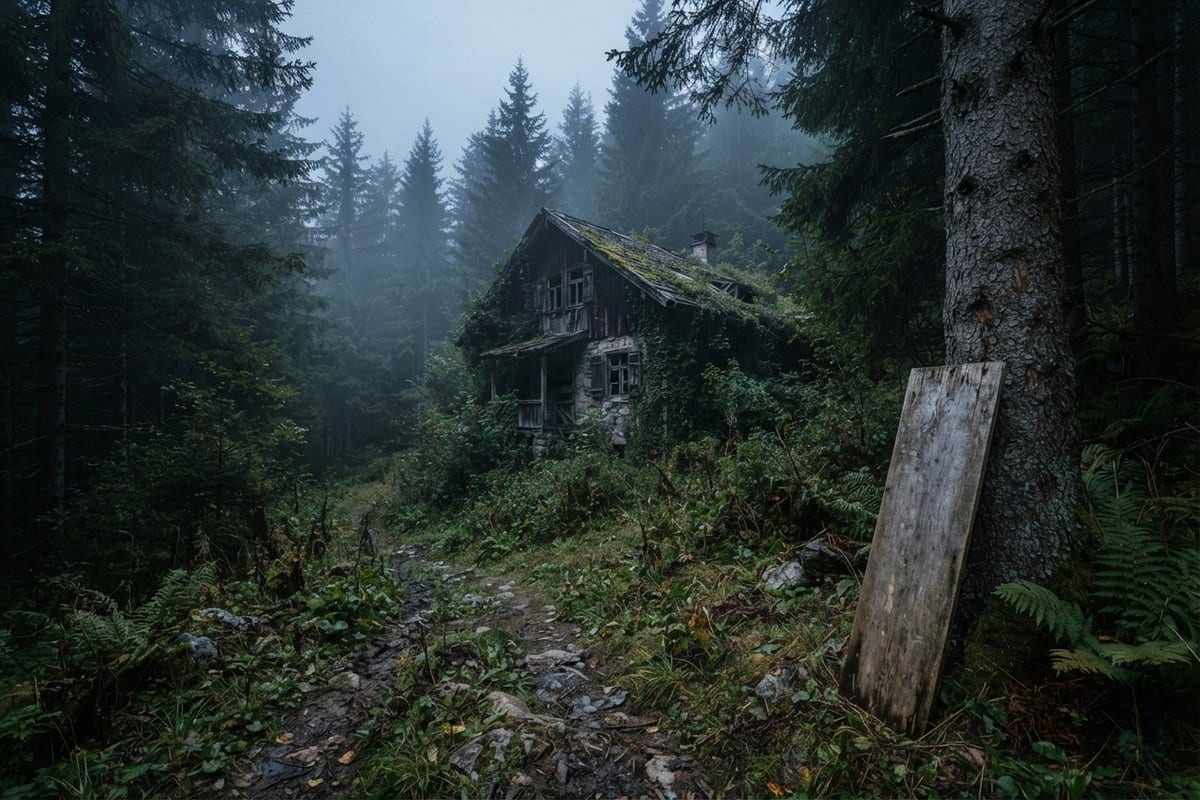 Chalet en bois abandonné et envahi de lierre au bout d'un sentier, dans une forêt de sapins noyée de brume