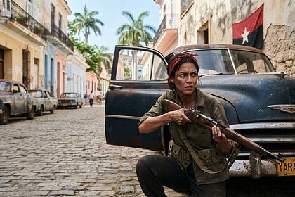 Une combattante armée d'un fusil accroupie derrière une voiture ancienne rouillée, dans une rue pavée aux façades colorées.