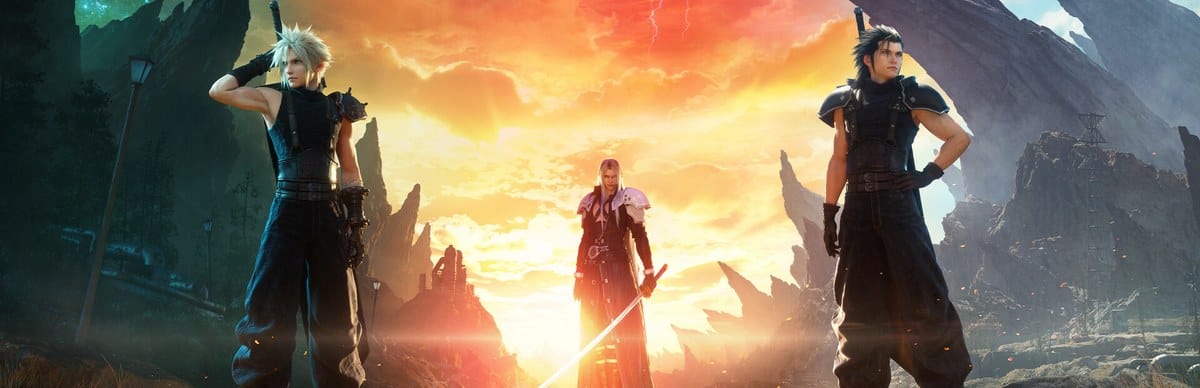Trois personnages de Final Fantasy VII Rebirth se tiennent devant un ciel orangé au milieu de rochers