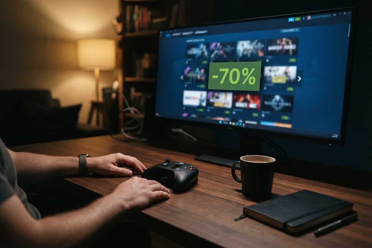 Des mains posées près d'une manette devant un écran affichant une boutique de jeux et un badge -70%