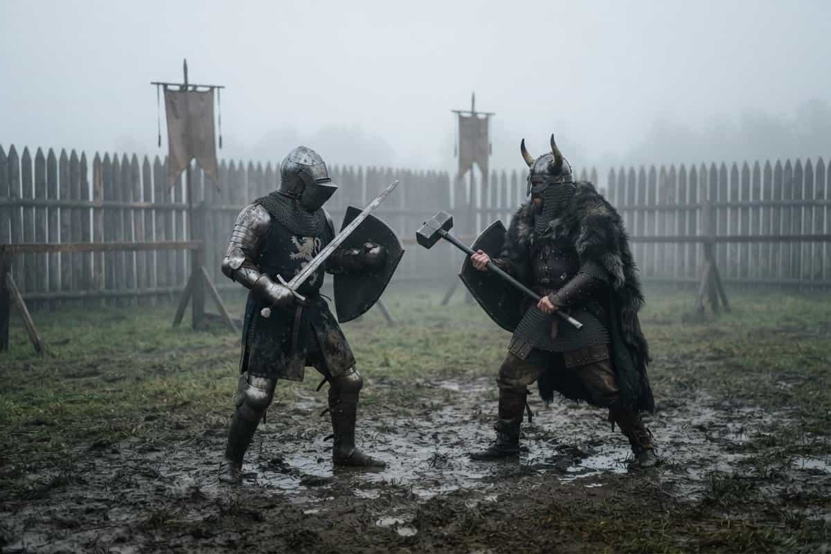 Deux combattants en armure médiévale face à face dans une arène boueuse et brumeuse, épée et masse levées