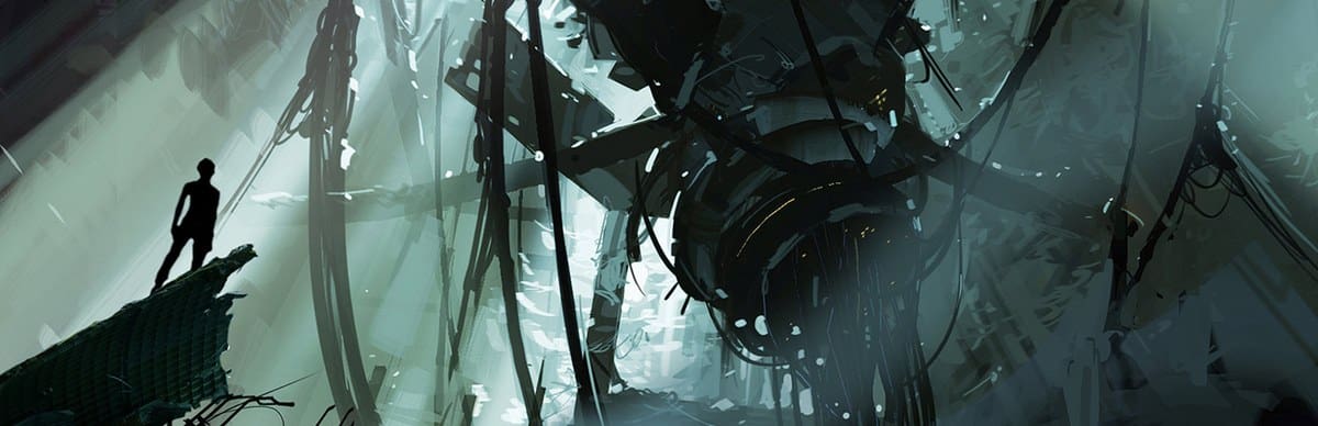 Illustration de Portal 2 : une silhouette face au châssis suspendu de GLaDOS dans les ruines d'Aperture Science