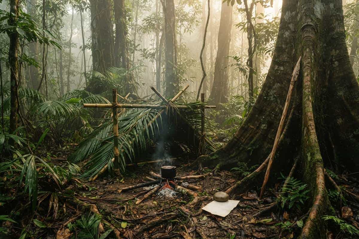 Un abri de fortune en bambou et un feu de camp fumant au sol d'une forêt tropicale embrumée à l'aube.