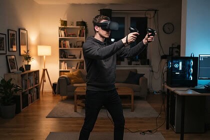 Joueur portant un casque de réalité virtuelle, deux manettes tendues devant lui dans un salon