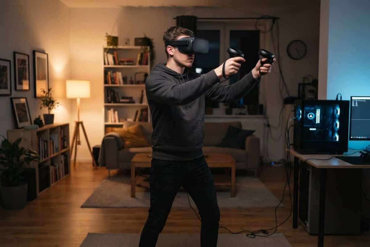 Joueur portant un casque de réalité virtuelle, deux manettes tendues devant lui dans un salon