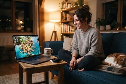 Jeune femme souriante sur un canapé, face à un ordinateur portable affichant un village sur pilotis, un chat endormi à côté