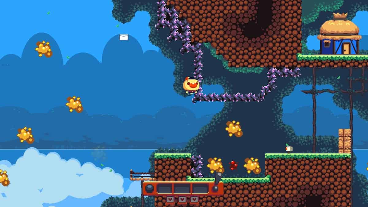 Capture de Hayfever : le personnage en pixel art franchit des pointes violettes au-dessus d'une mer bleue