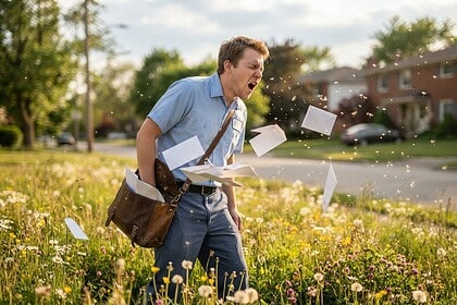 Un facteur en chemise bleue éternue dans une prairie fleurie, des enveloppes s'échappant de sa sacoche en cuir