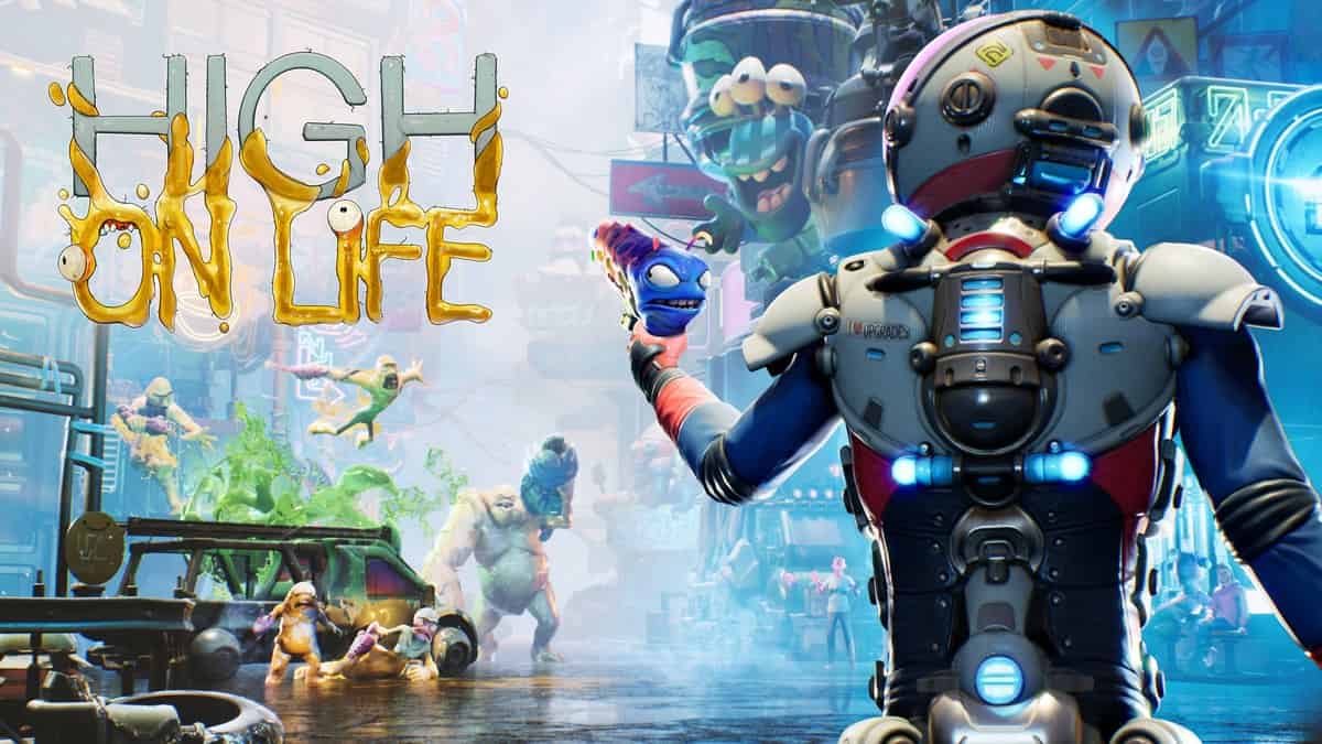 Le chasseur de primes de High On Life brandit une arme extraterrestre bleue dans une rue alien colorée