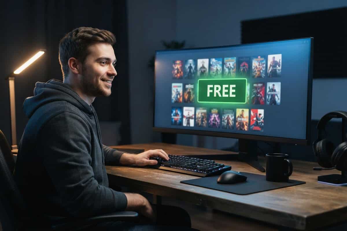 Un joueur souriant devant un écran ultralarge affichant une bibliothèque de jeux et un bouton FREE