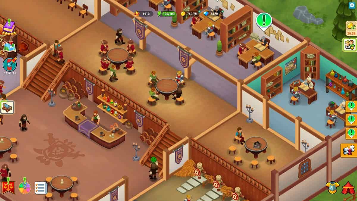 Vue isométrique d'une taverne médiévale à plusieurs salles, avec clients attablés, bar, bibliothèque et cibles