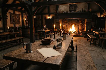 Longue table en bois d'une taverne médiévale éclairée aux bougies, avec des chopes en étain et un feu au fond