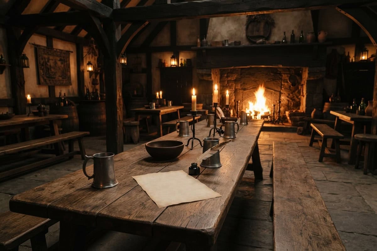 Longue table en bois d'une taverne médiévale éclairée aux bougies, avec des chopes en étain et un feu au fond