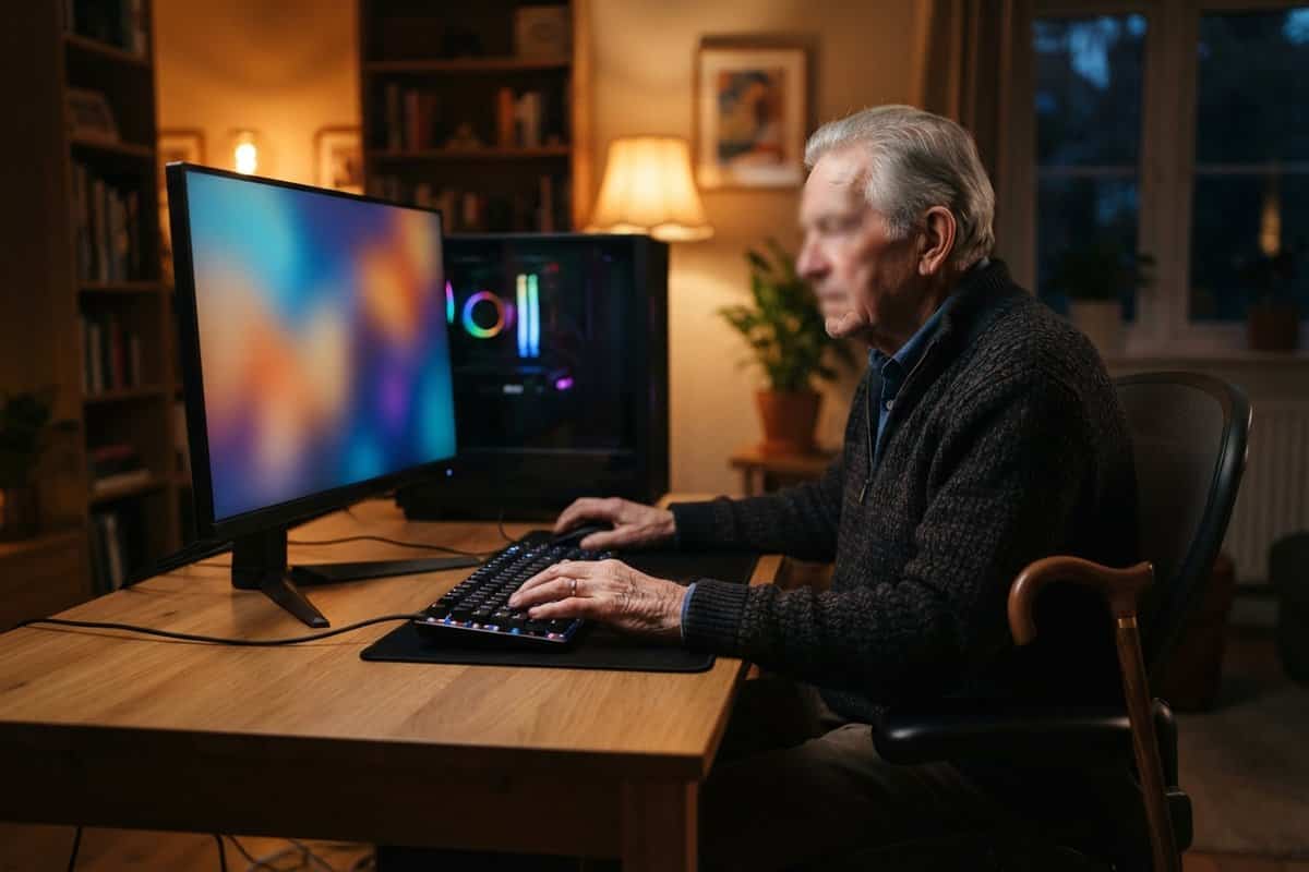 Un homme âgé tape sur un clavier rétroéclairé face à un écran et une tour de PC gamer dans un salon