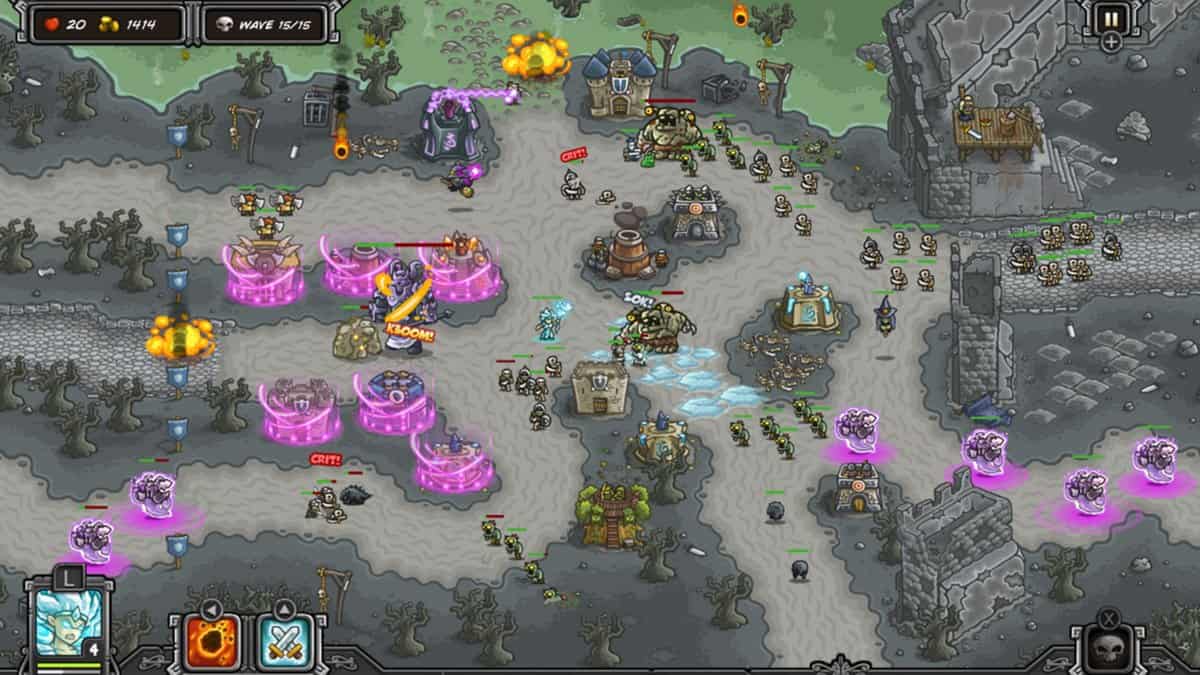 Capture de Kingdom Rush : tours et soldats repoussent une horde de squelettes et d'ogres sur une carte sombre