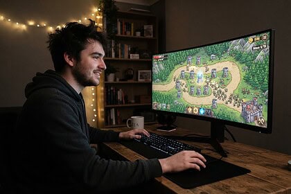 Joueur souriant devant un écran incurvé affichant un jeu de tower defense, tours de pierre le long d'un chemin forestier