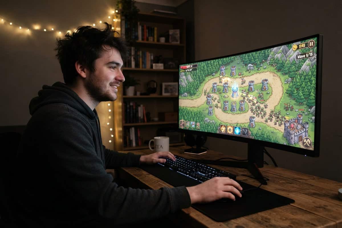 Joueur souriant devant un écran incurvé affichant un jeu de tower defense, tours de pierre le long d'un chemin forestier