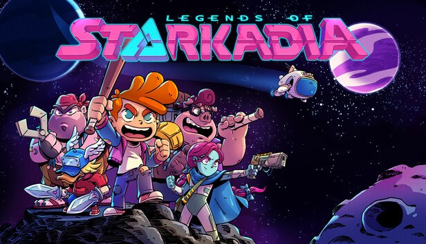 Jaquette de Legends of Starkadia : cinq héros en armes sur un astéroïde devant une planète violette