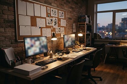 Bureau d'un petit studio de jeu vidéo au crépuscule, deux écrans allumés et un panneau couvert de croquis