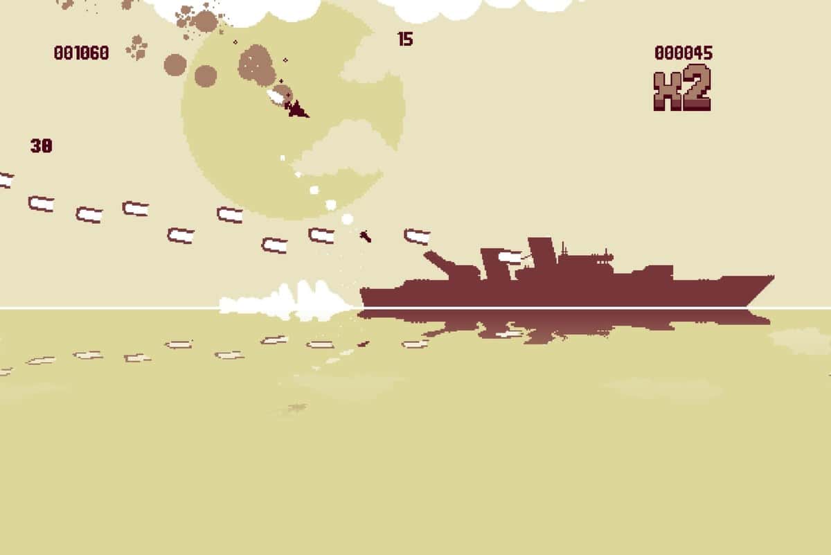 Capture de Luftrausers en pixel art sépia : un avion mitraille un cuirassé au-dessus de la mer