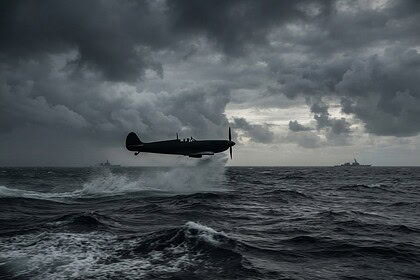 Avion de chasse à hélice en silhouette, volant au ras d'une mer agitée sous un ciel d'orage