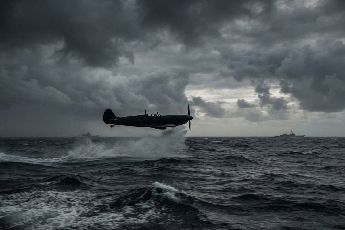 Avion de chasse à hélice en silhouette, volant au ras d'une mer agitée sous un ciel d'orage