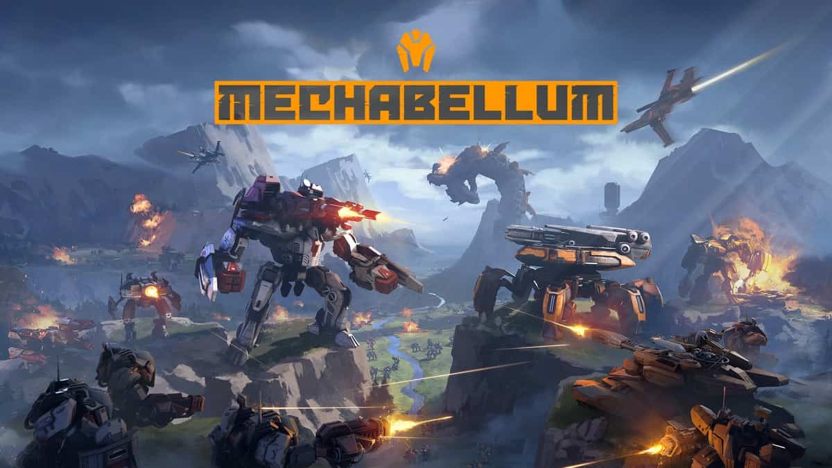 Illustration officielle de Mechabellum : des méchas s'affrontent dans une vallée rocheuse sous un ciel orageux.