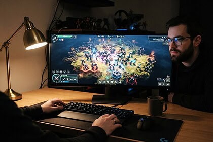 Un joueur au clavier et un second spectateur devant un écran affichant une bataille de méchas sur grille hexagonale.