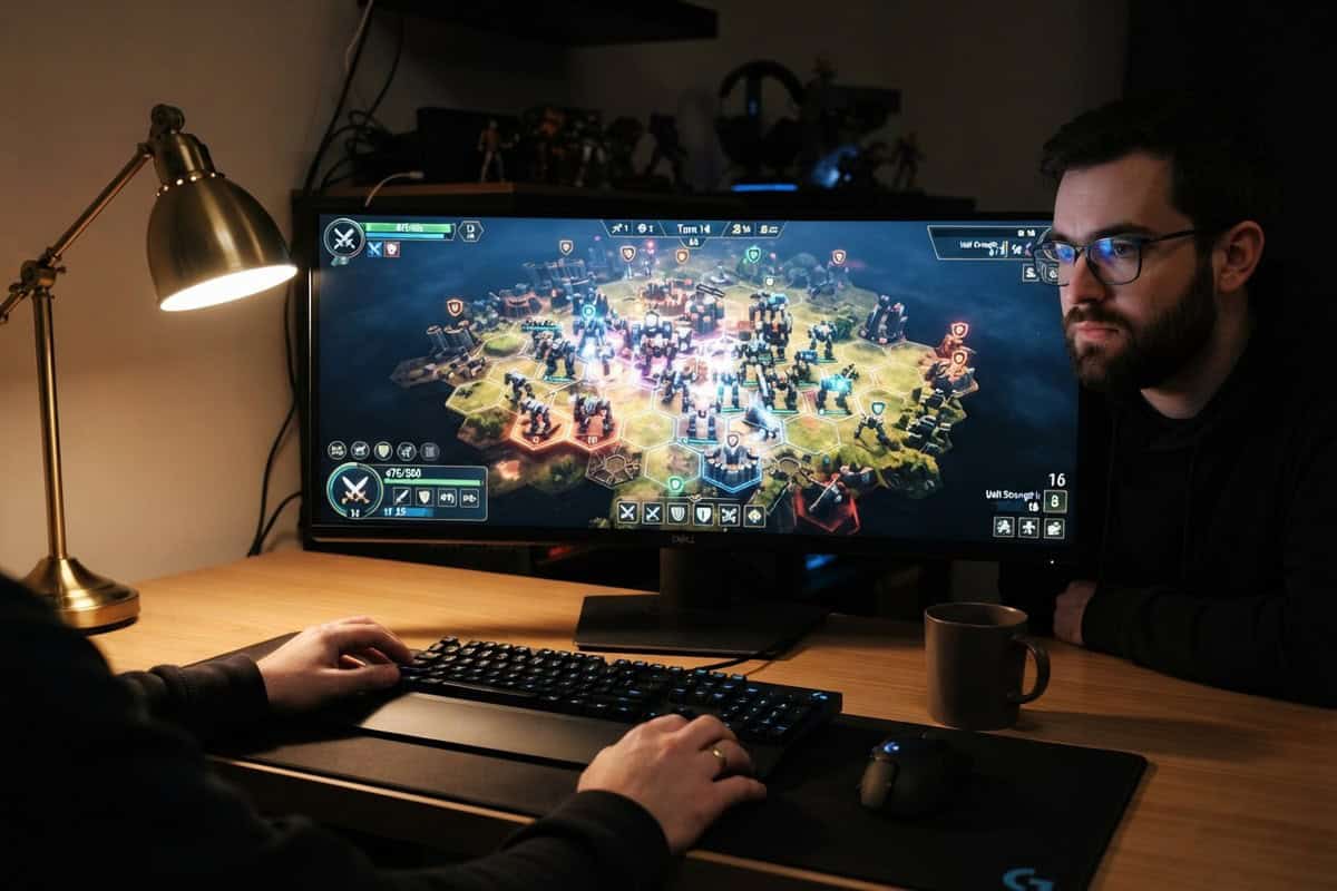 Un joueur au clavier et un second spectateur devant un écran affichant une bataille de méchas sur grille hexagonale.