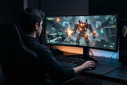 Joueur de dos devant un écran incurvé affichant un combat contre un robot géant dans une cité futuriste