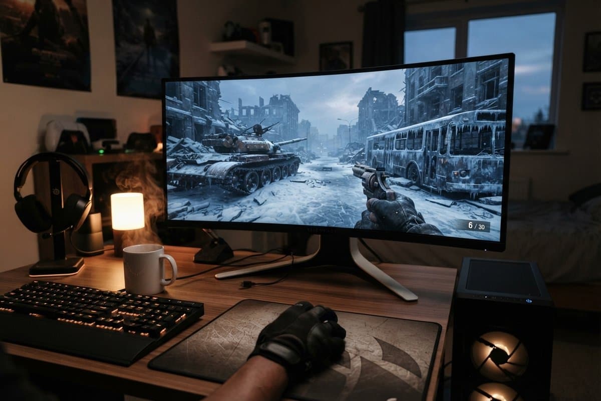 Écran de PC affichant un jeu de tir dans une ville enneigée en ruines, avec un char et un bus pris dans la glace