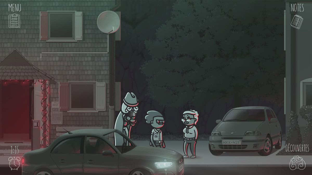 Scène de nuit de Mindcop : trois personnages devant une maison, palette en noir et blanc rehaussée de rouge
