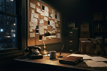 Bureau d'enquête faiblement éclairé, tableau de liège couvert de fiches reliées par un fil rouge, téléphone à cadran
