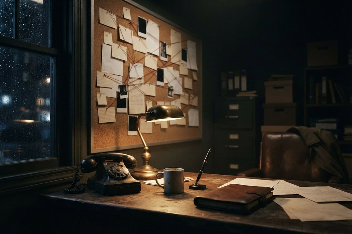Bureau d'enquête faiblement éclairé, tableau de liège couvert de fiches reliées par un fil rouge, téléphone à cadran
