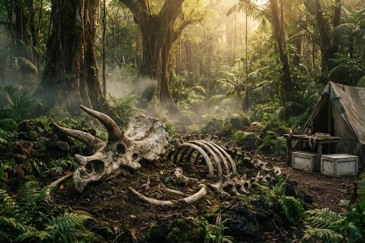 Squelette de grand animal à cornes au sol dans une clairière de jungle brumeuse, près d'une tente