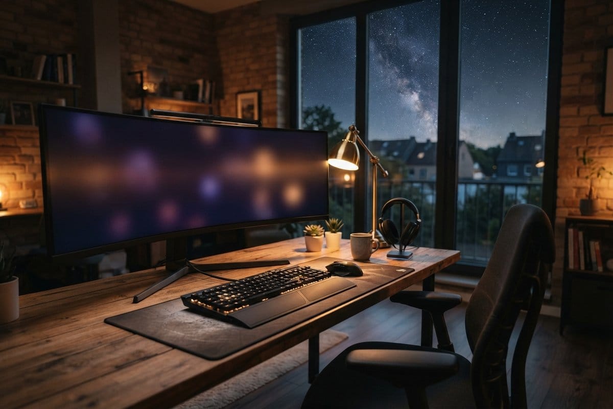 Bureau de jeu PC la nuit, grand écran incurvé allumé et ciel étoilé visible par la baie vitrée