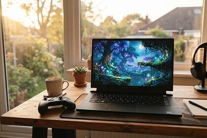 Ordinateur portable sur un bureau près d'une fenêtre, affichant la forêt luminescente d'un jeu de plateforme.