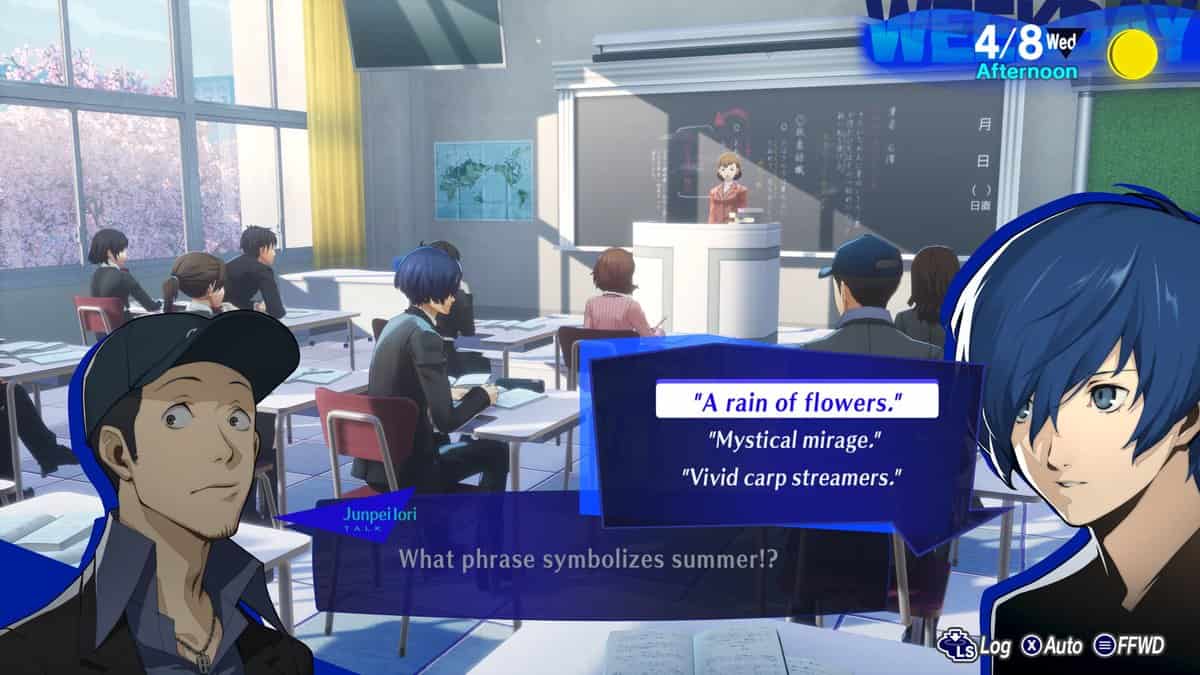 Capture de Persona 3 Reload : scène de classe, un camarade pose une question avec trois réponses à choisir