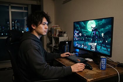 Joueur concentré devant un écran affichant un combat de RPG au tour par tour sous une grande lune verte