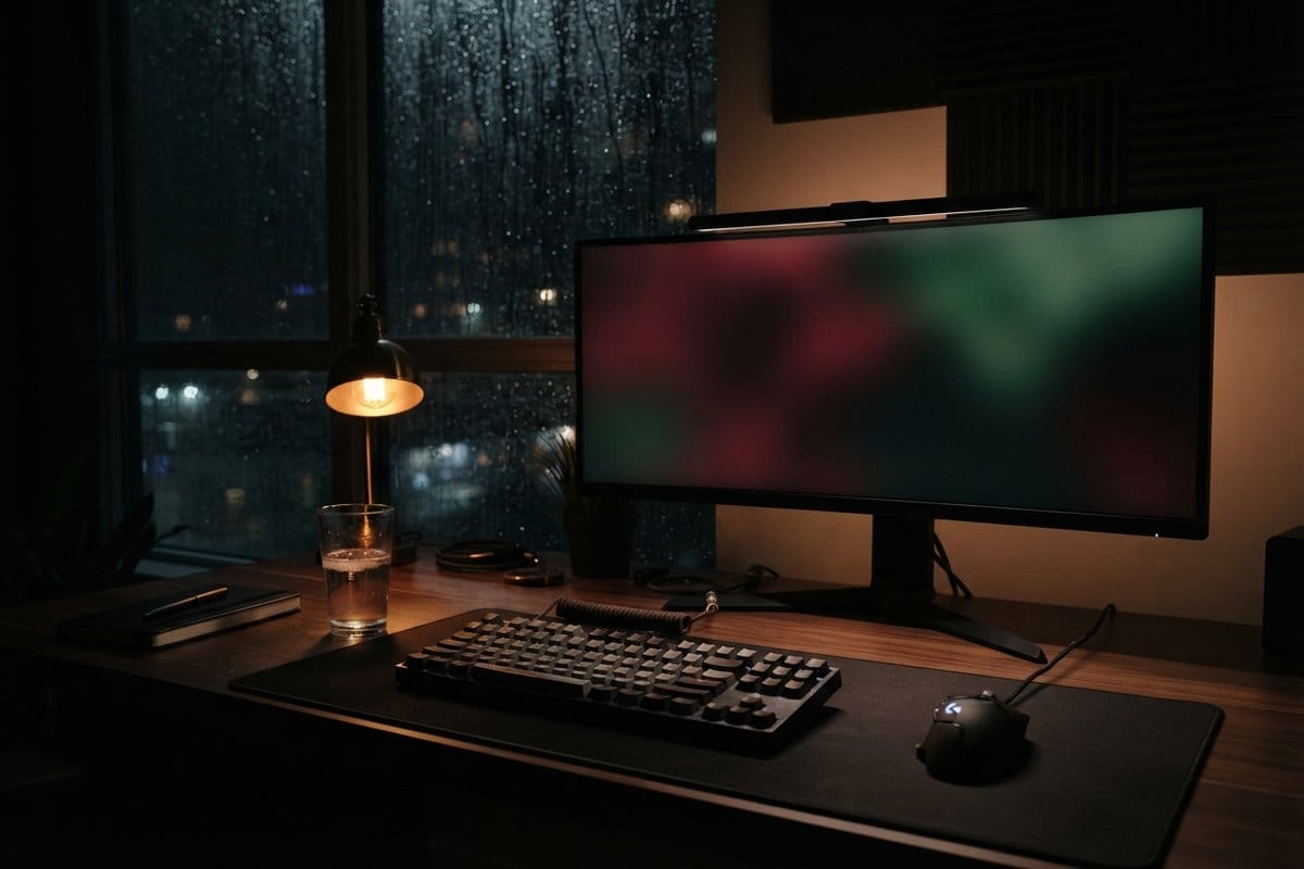 Bureau de jeu dans une pièce sombre, écran large aux couleurs floues rouges et vertes, lampe allumée et pluie sur la vitre