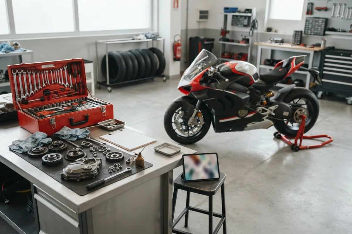 Moto sportive rouge sur béquille dans un atelier, caisse à outils ouverte et pièces moteur sur l'établi