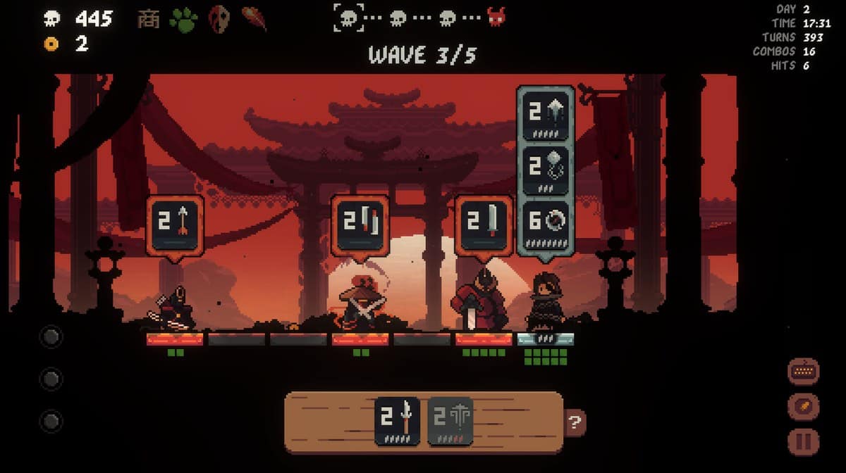 Capture de Shogun Showdown : combattants alignés sur une seule ligne devant un torii, tuiles d'action affichées