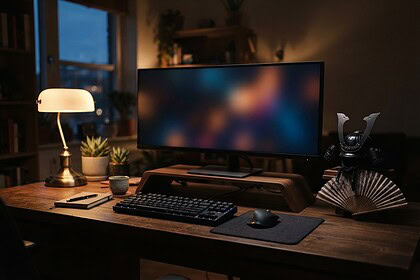 Bureau en bois éclairé par une lampe, écran large flouté, clavier mécanique et casque de samouraï décoratif